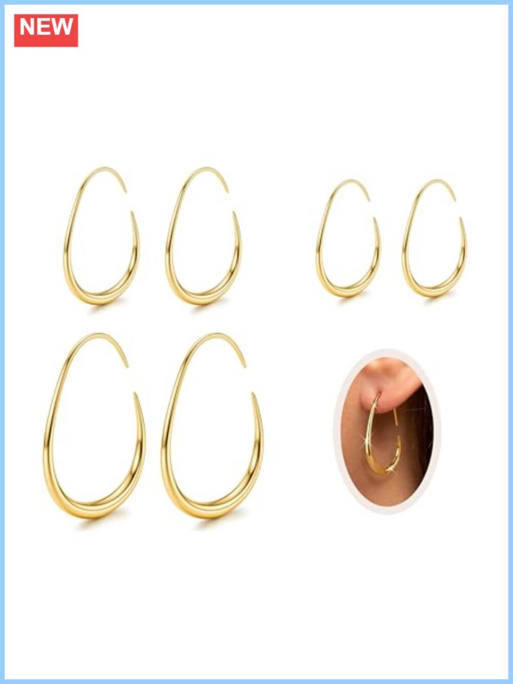 14K Gold Plated Teardrop Hoop Earrings Set Hypoallergenic Thin Backless